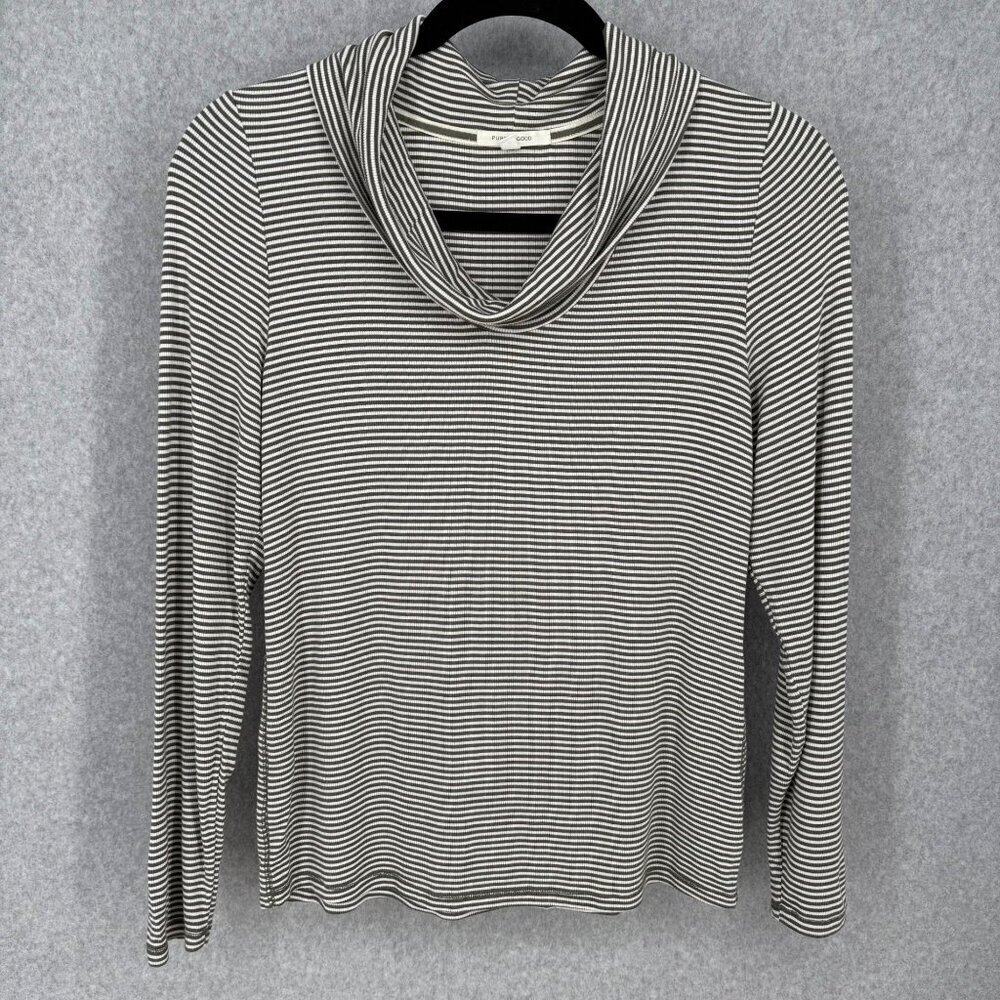 Anthropologie Pure Good Striped Cowl Neck Top Size XL Army Green White Rib Knit
